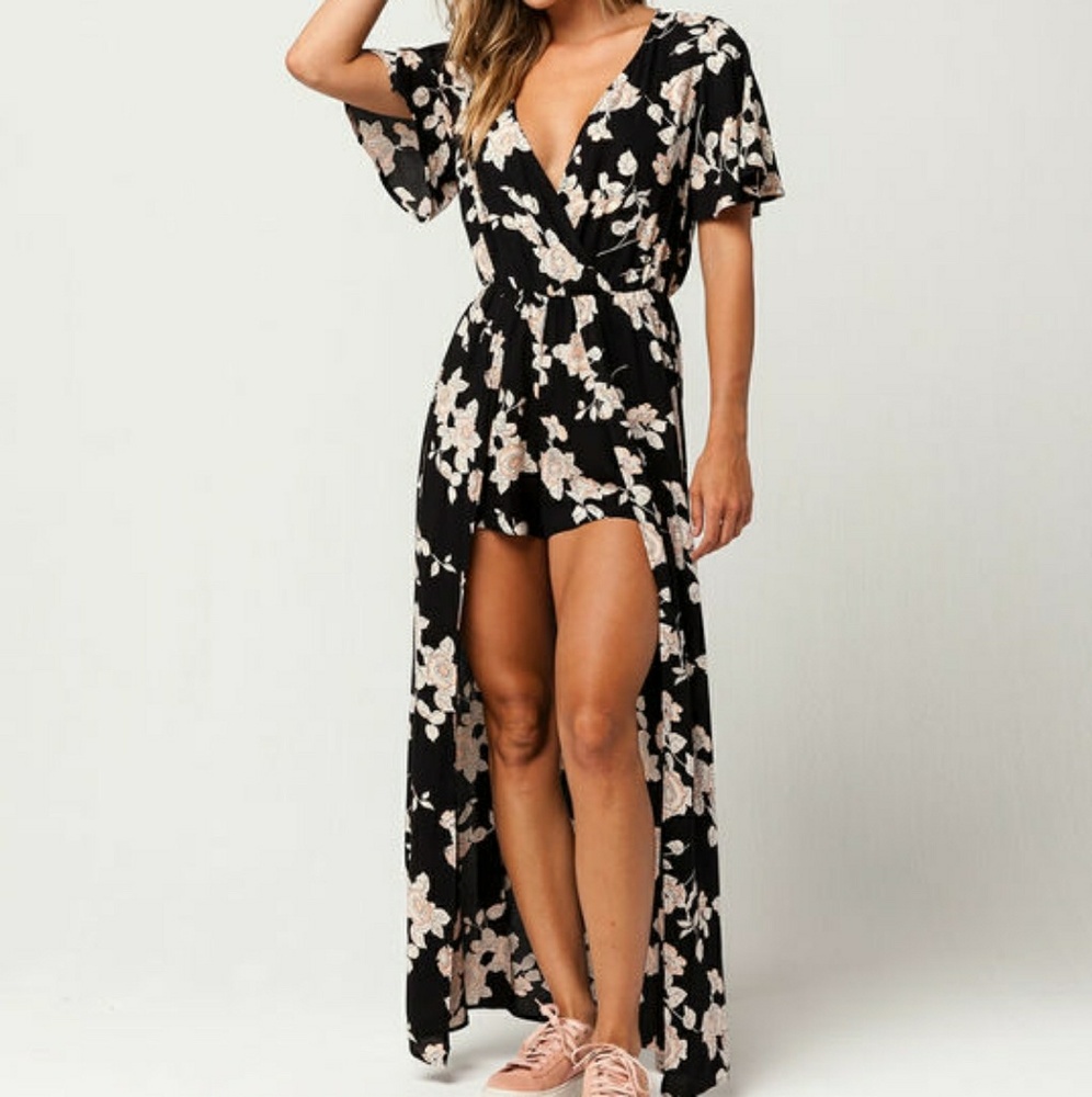 Tropical Print High-Low Maxi Romper